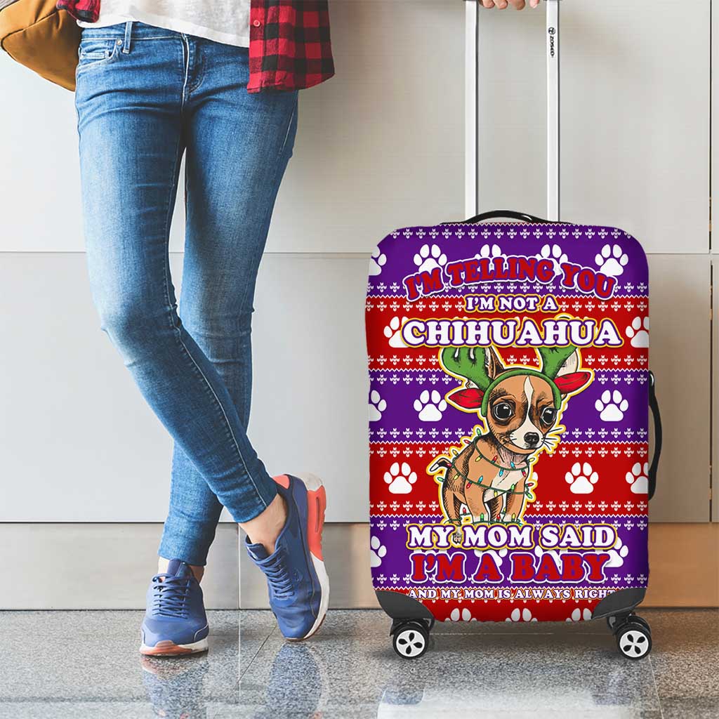 Chihuahua Christmas Luggage Cover with I’m Not a Chihuahua I’m a Baby Quote and Red Purple Christmas Pattern - Wonder Print Shop