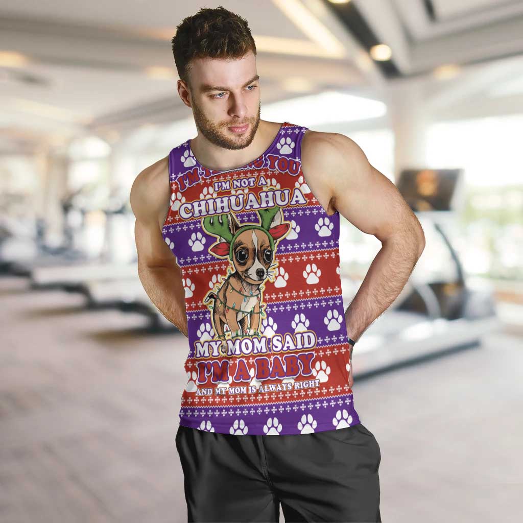 Chihuahua Christmas Men Tank Top with I’m Not a Chihuahua I’m a Baby Quote and Red Purple Christmas Pattern - Wonder Print Shop