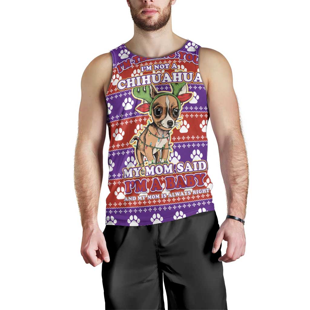 Chihuahua Christmas Men Tank Top with I’m Not a Chihuahua I’m a Baby Quote and Red Purple Christmas Pattern - Wonder Print Shop