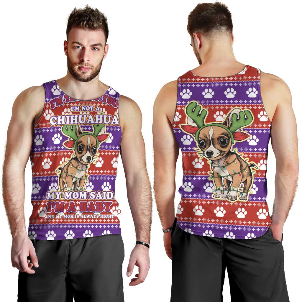 Chihuahua Christmas Men Tank Top with I’m Not a Chihuahua I’m a Baby Quote and Red Purple Christmas Pattern - Wonder Print Shop