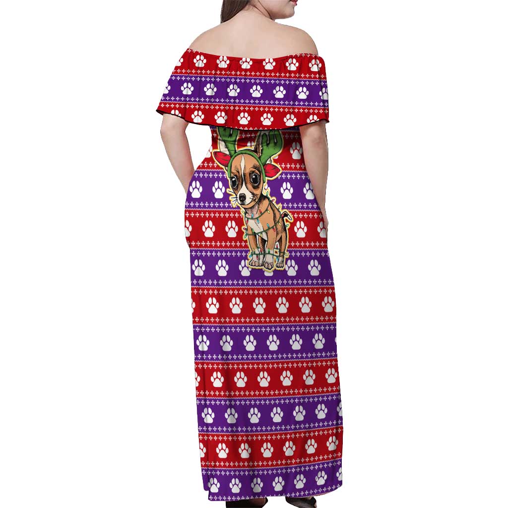 Chihuahua Christmas Off Shoulder Maxi Dress with I’m Not a Chihuahua I’m a Baby Quote and Red Purple Christmas Pattern - Wonder Print Shop