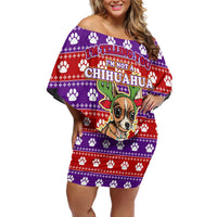 Chihuahua Christmas Off Shoulder Short Dress with I’m Not a Chihuahua I’m a Baby Quote and Red Purple Christmas Pattern - Wonder Print Shop