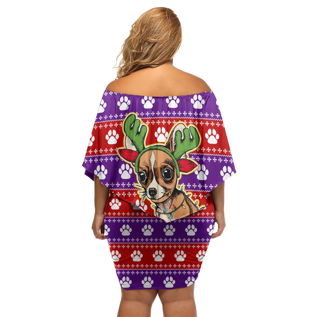 Chihuahua Christmas Off Shoulder Short Dress with I’m Not a Chihuahua I’m a Baby Quote and Red Purple Christmas Pattern - Wonder Print Shop