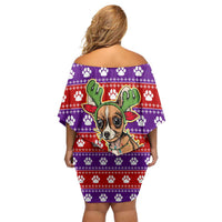 Chihuahua Christmas Off Shoulder Short Dress with I’m Not a Chihuahua I’m a Baby Quote and Red Purple Christmas Pattern - Wonder Print Shop