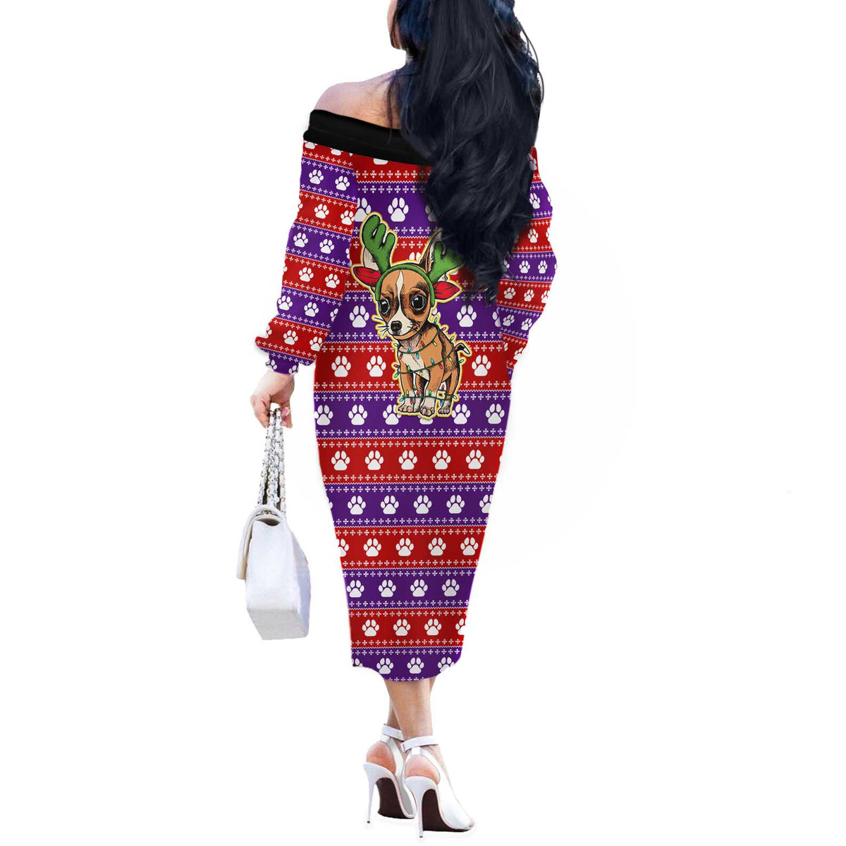 Chihuahua Christmas Off The Shoulder Long Sleeve Dress with I’m Not a Chihuahua I’m a Baby Quote and Red Purple Christmas Pattern - Wonder Print Shop