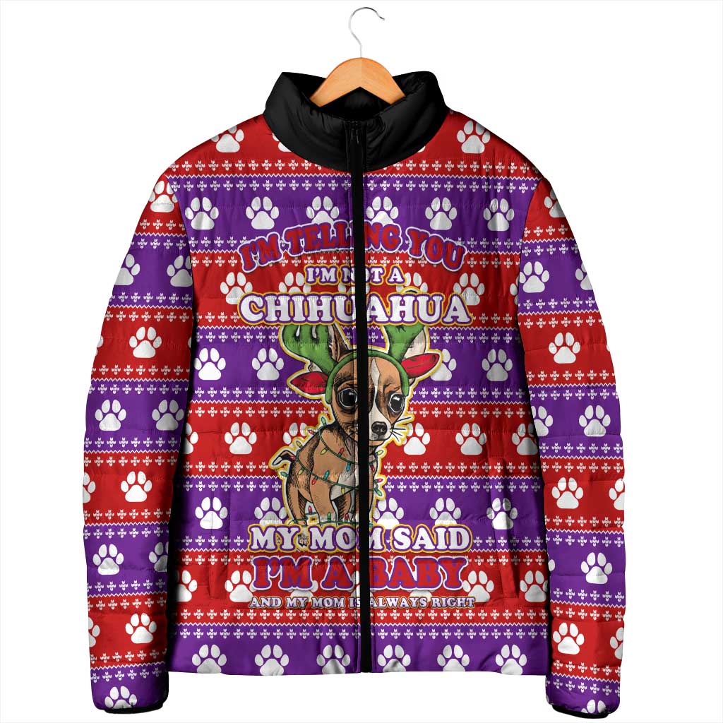 Chihuahua Christmas Padded Jacket with I’m Not a Chihuahua I’m a Baby Quote and Red Purple Christmas Pattern - Wonder Print Shop