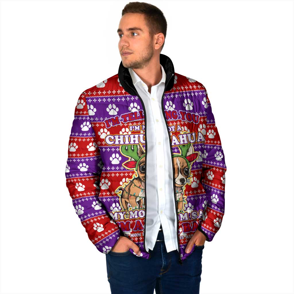 Chihuahua Christmas Padded Jacket with I’m Not a Chihuahua I’m a Baby Quote and Red Purple Christmas Pattern - Wonder Print Shop