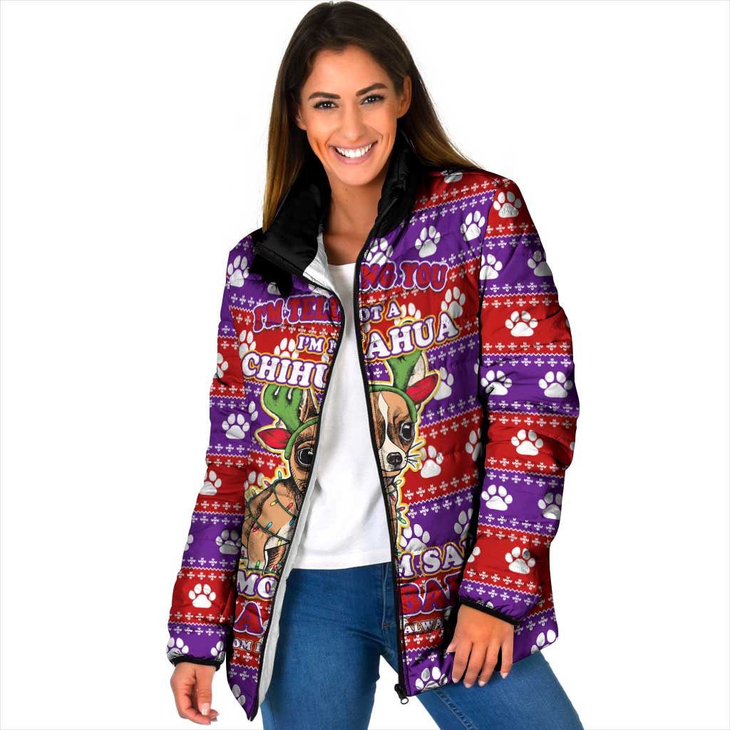 Chihuahua Christmas Padded Jacket with I’m Not a Chihuahua I’m a Baby Quote and Red Purple Christmas Pattern - Wonder Print Shop