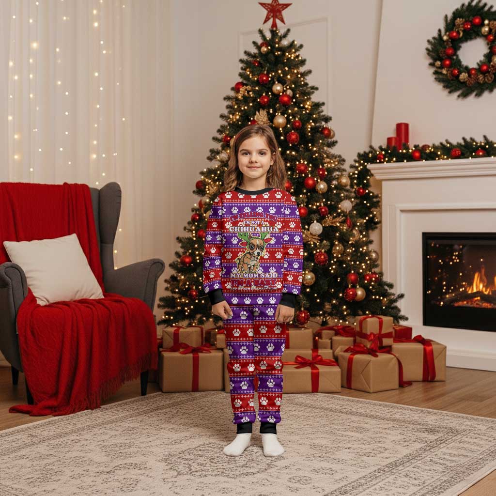 Chihuahua Christmas Pajama Set with I’m Not a Chihuahua I’m a Baby Quote and Red Purple Christmas Pattern - Wonder Print Shop