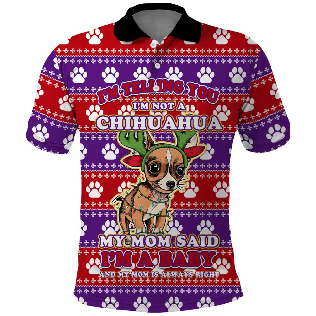 Chihuahua Christmas Polo Shirt with I’m Not a Chihuahua I’m a Baby Quote and Red Purple Christmas Pattern - Wonder Print Shop