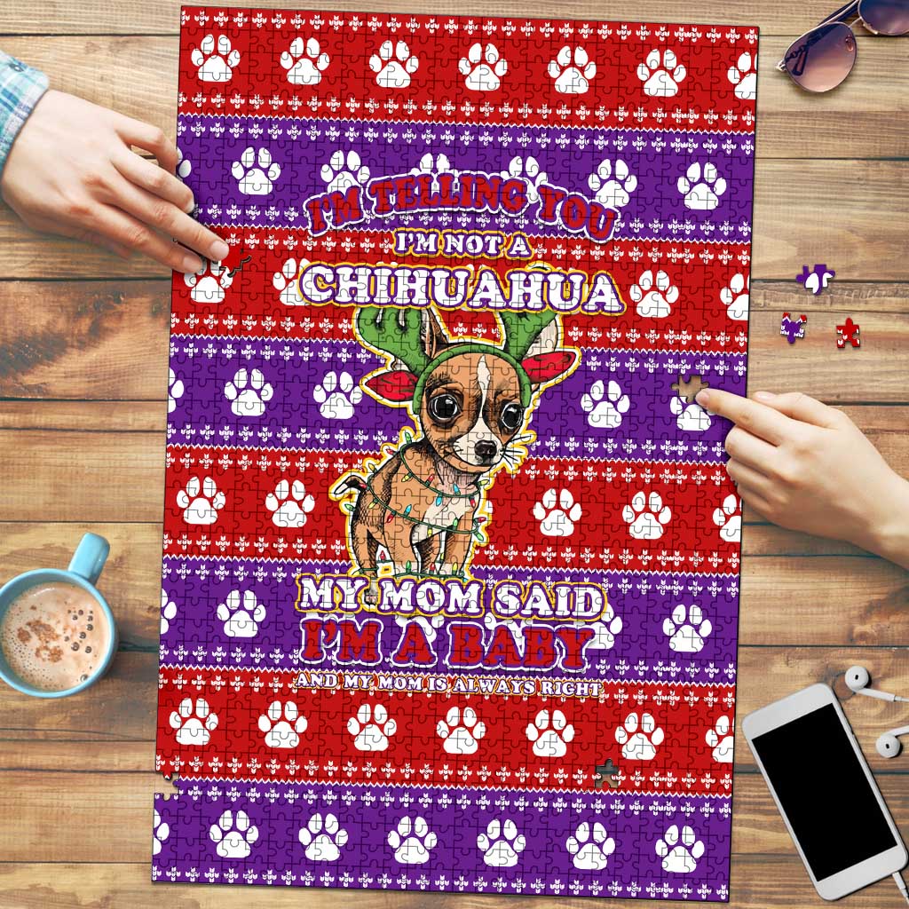 Chihuahua Christmas Puzzle with I’m Not a Chihuahua I’m a Baby Quote and Red Purple Christmas Pattern - Wonder Print Shop