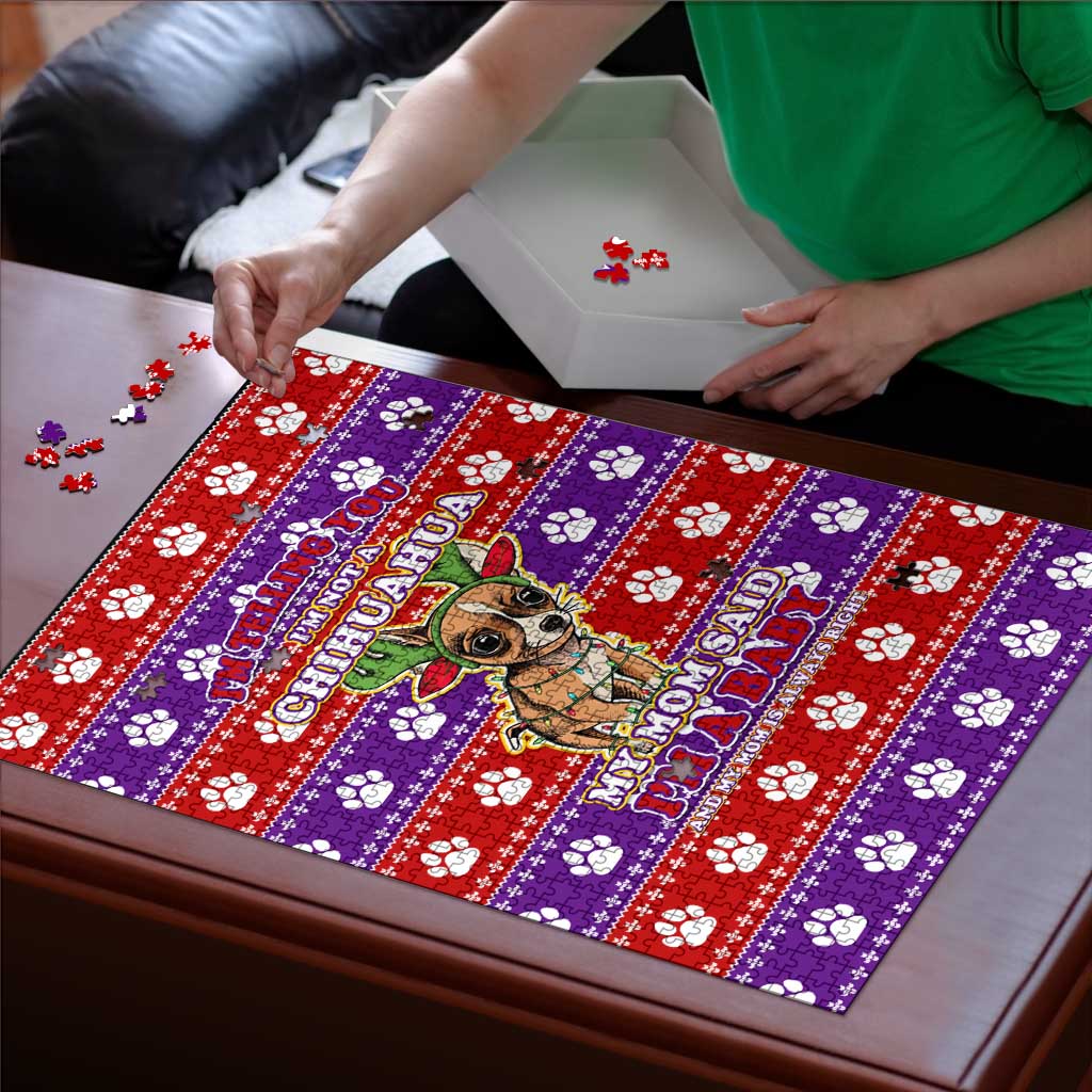 Chihuahua Christmas Puzzle with I’m Not a Chihuahua I’m a Baby Quote and Red Purple Christmas Pattern - Wonder Print Shop