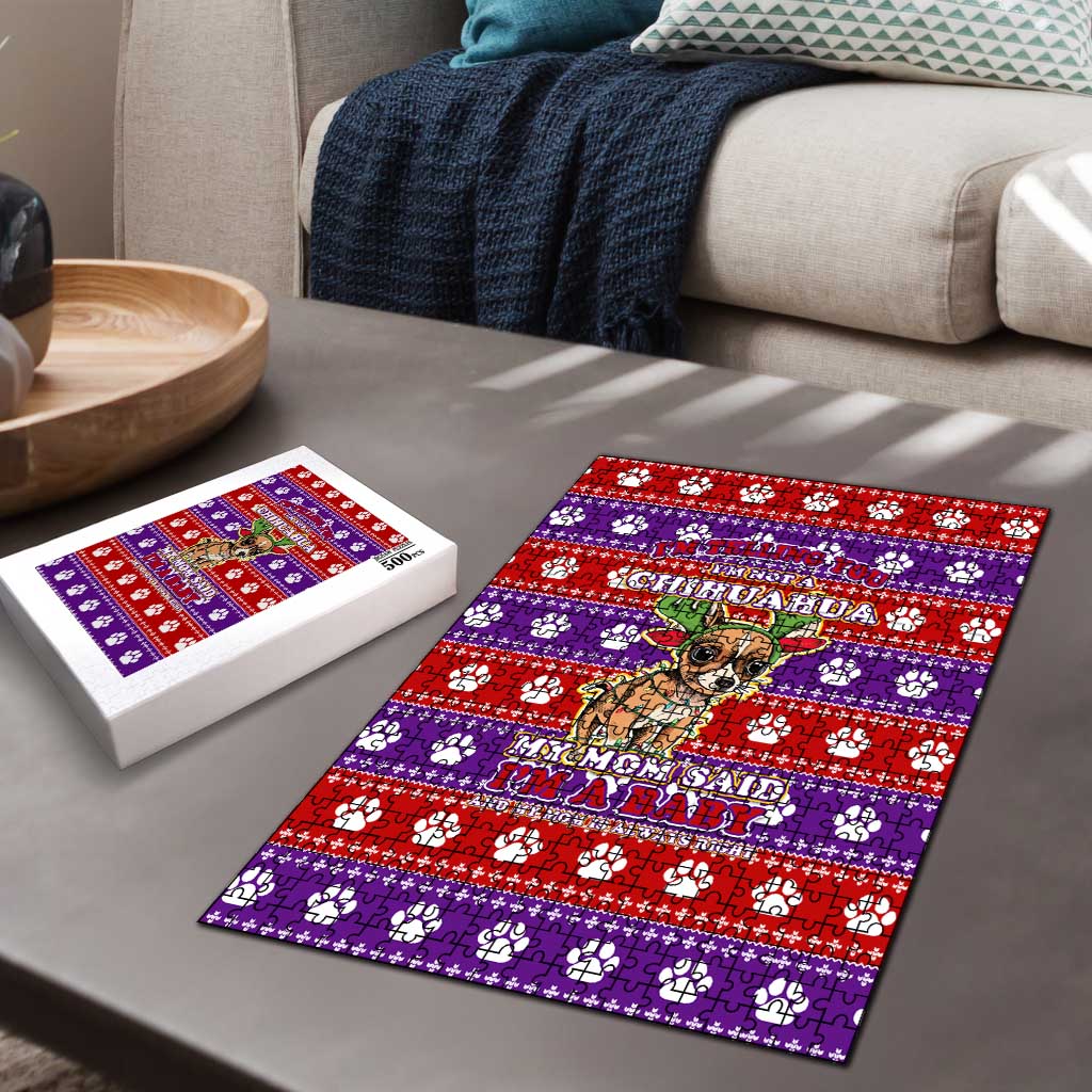 Chihuahua Christmas Puzzle with I’m Not a Chihuahua I’m a Baby Quote and Red Purple Christmas Pattern - Wonder Print Shop