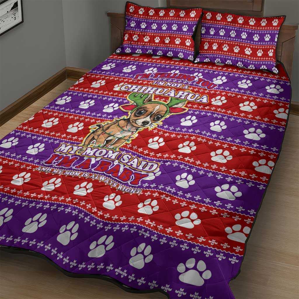Chihuahua Christmas Quilt Bed Set with I’m Not a Chihuahua I’m a Baby Quote and Red Purple Christmas Pattern - Wonder Print Shop