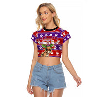 Chihuahua Christmas Raglan Cropped T Shirt with I’m Not a Chihuahua I’m a Baby Quote and Red Purple Christmas Pattern - Wonder Print Shop