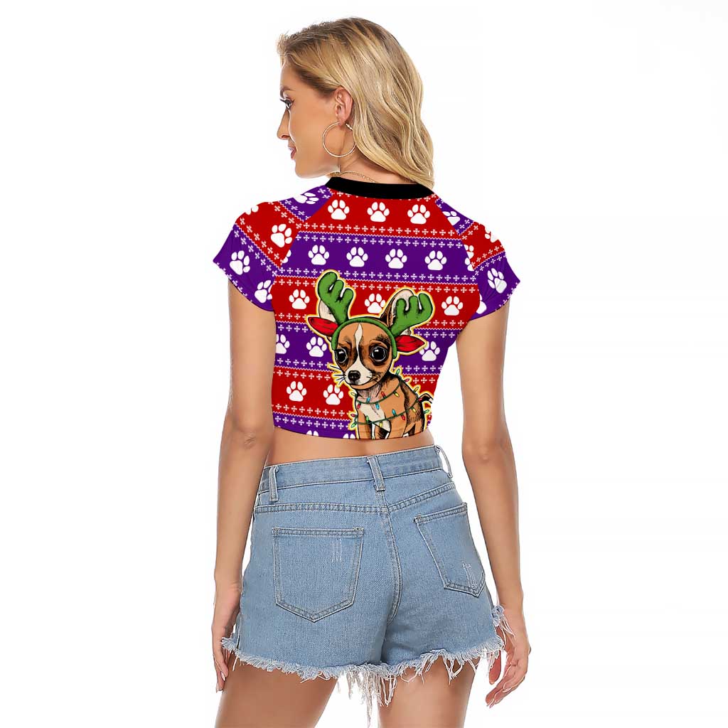 Chihuahua Christmas Raglan Cropped T Shirt with I’m Not a Chihuahua I’m a Baby Quote and Red Purple Christmas Pattern - Wonder Print Shop