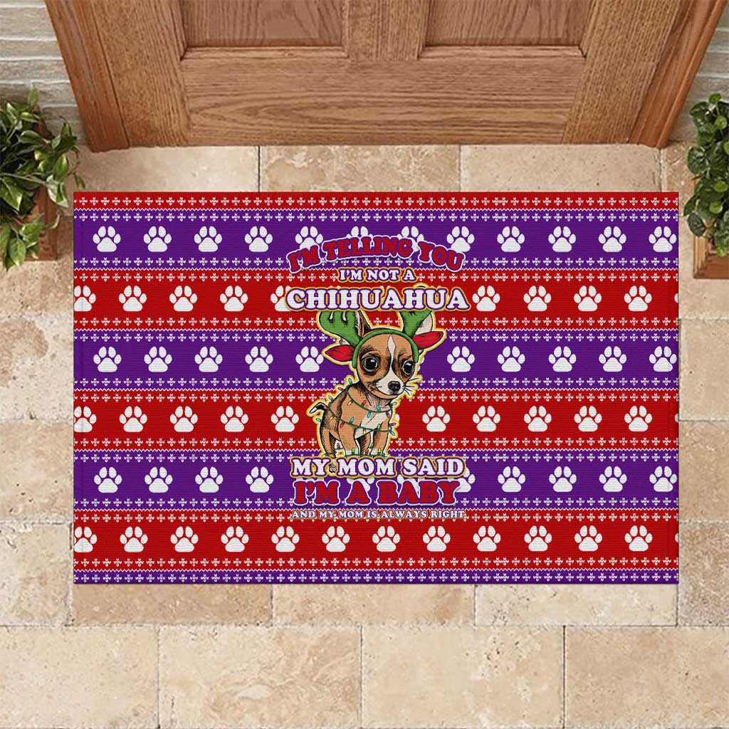 Chihuahua Christmas Rubber Doormat with I’m Not a Chihuahua I’m a Baby Quote and Red Purple Christmas Pattern - Wonder Print Shop