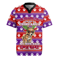 Chihuahua Christmas Rugby Jersey with I’m Not a Chihuahua I’m a Baby Quote and Red Purple Christmas Pattern - Wonder Print Shop