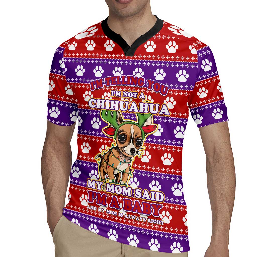 Chihuahua Christmas Rugby Jersey with I’m Not a Chihuahua I’m a Baby Quote and Red Purple Christmas Pattern - Wonder Print Shop