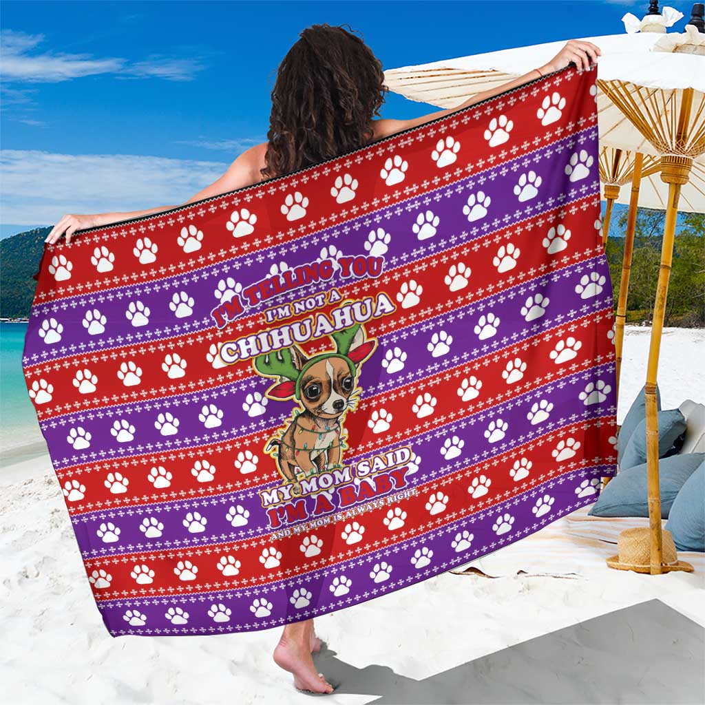 Chihuahua Christmas Sarong with I’m Not a Chihuahua I’m a Baby Quote and Red Purple Christmas Pattern - Wonder Print Shop