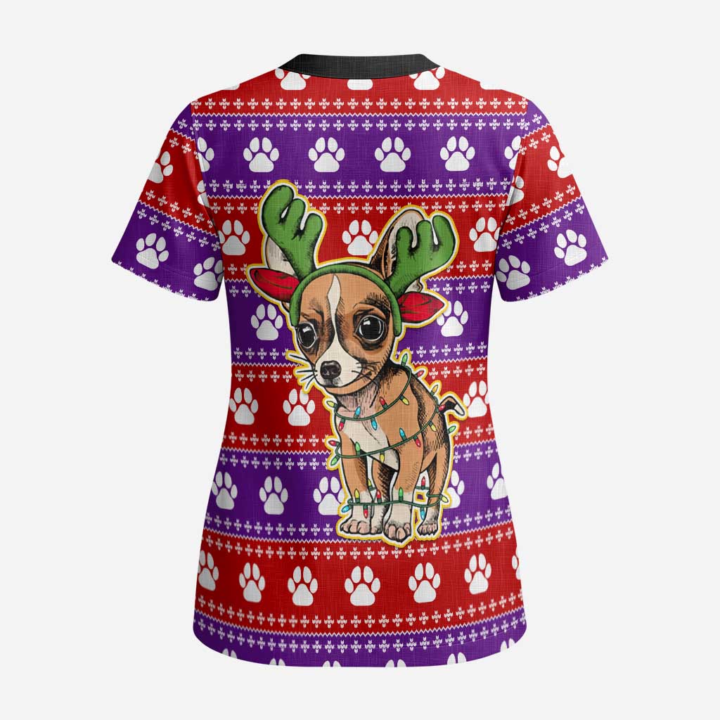 Chihuahua Christmas Scrub Top with I’m Not a Chihuahua I’m a Baby Quote and Red Purple Christmas Pattern - Wonder Print Shop