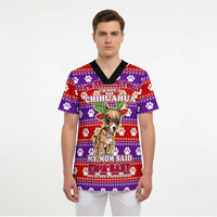 Chihuahua Christmas Scrub Top with I’m Not a Chihuahua I’m a Baby Quote and Red Purple Christmas Pattern - Wonder Print Shop