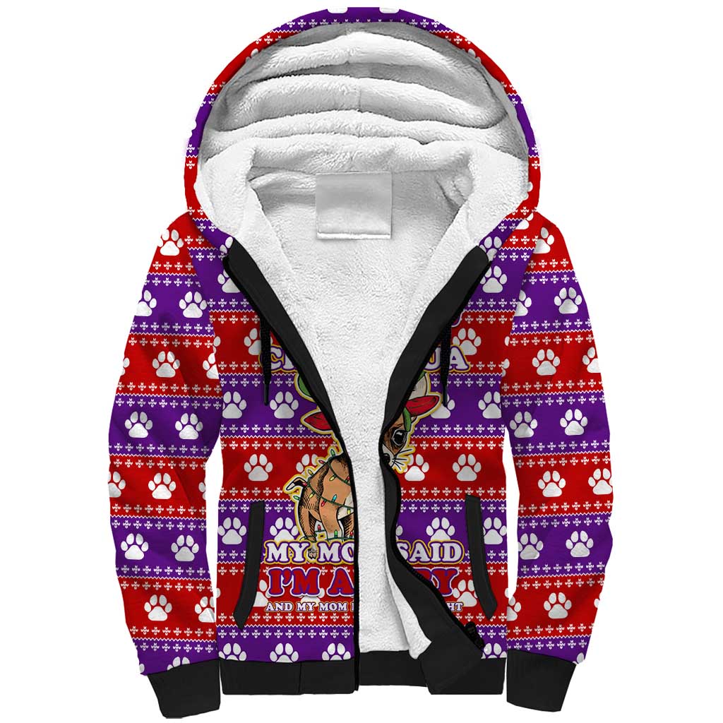 Chihuahua Christmas Sherpa Hoodie with I’m Not a Chihuahua I’m a Baby Quote and Red Purple Christmas Pattern - Wonder Print Shop