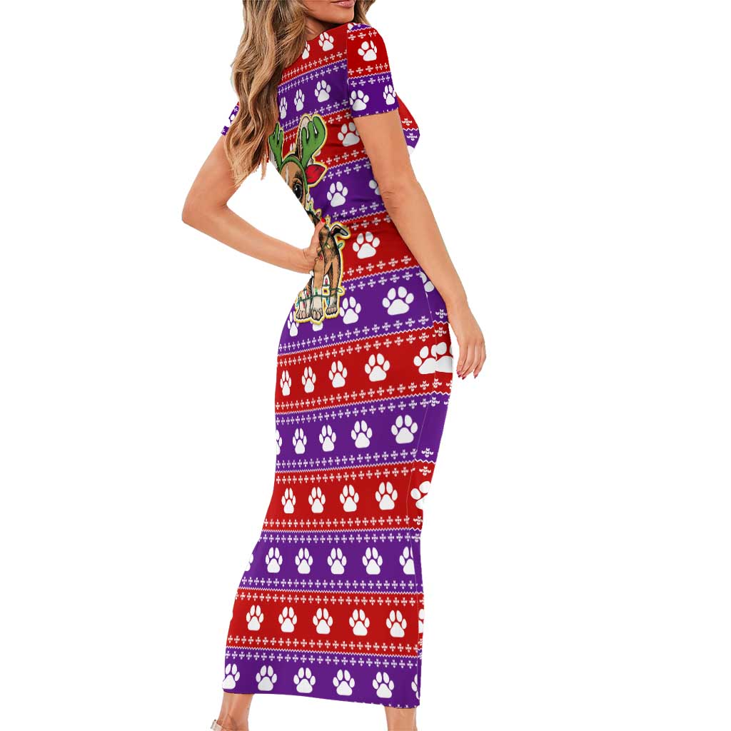 Chihuahua Christmas Short Sleeve Bodycon Dress with I’m Not a Chihuahua I’m a Baby Quote and Red Purple Christmas Pattern - Wonder Print Shop