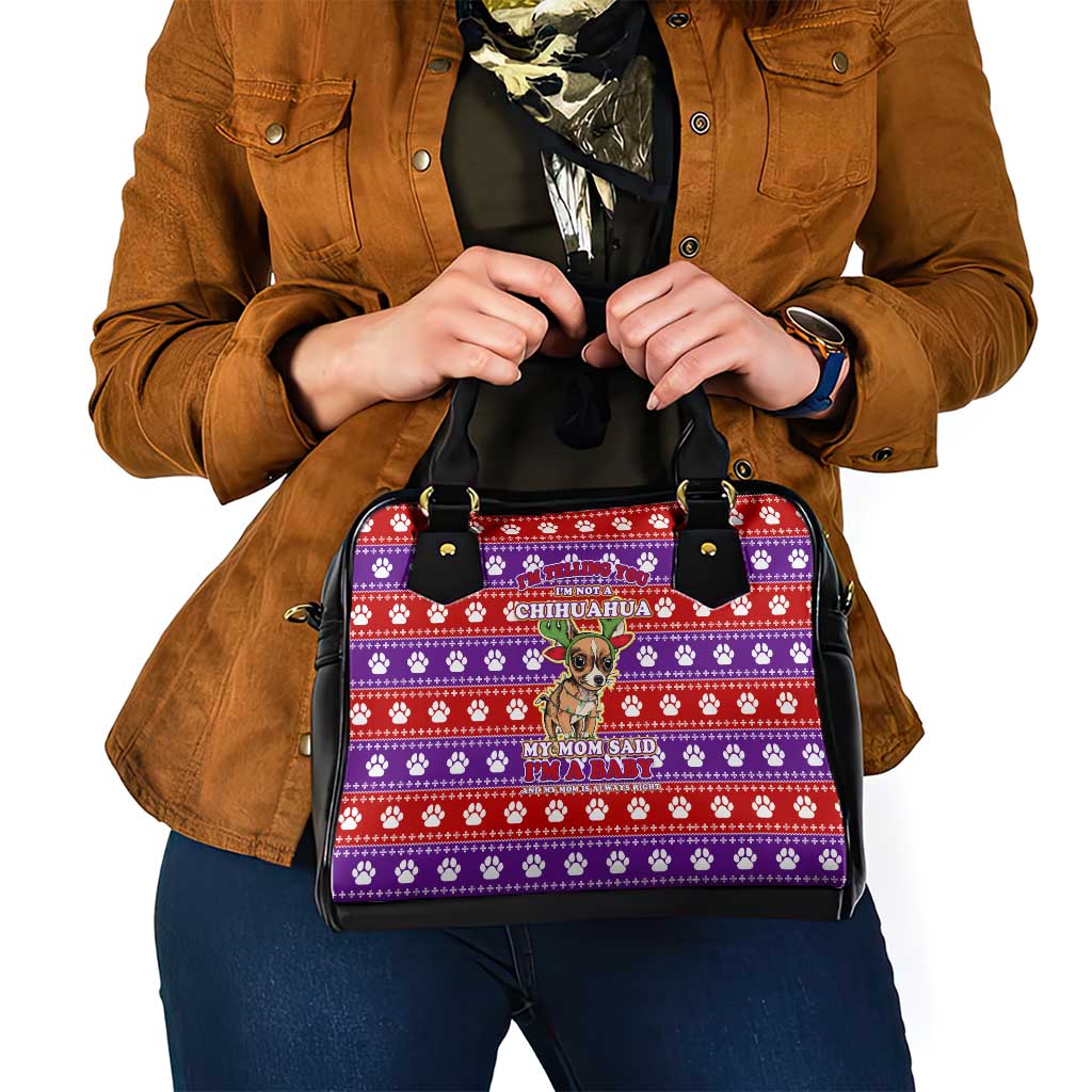 Chihuahua Christmas Shoulder Handbag with I’m Not a Chihuahua I’m a Baby Quote and Red Purple Christmas Pattern - Wonder Print Shop