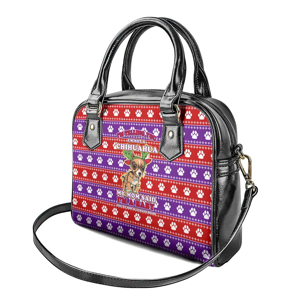 Chihuahua Christmas Shoulder Handbag with I’m Not a Chihuahua I’m a Baby Quote and Red Purple Christmas Pattern - Wonder Print Shop