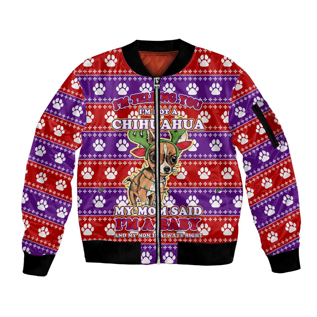 Chihuahua Christmas Sleeve Zip Bomber Jacket with I’m Not a Chihuahua I’m a Baby Quote and Red Purple Christmas Pattern - Wonder Print Shop