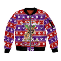 Chihuahua Christmas Sleeve Zip Bomber Jacket with I’m Not a Chihuahua I’m a Baby Quote and Red Purple Christmas Pattern - Wonder Print Shop