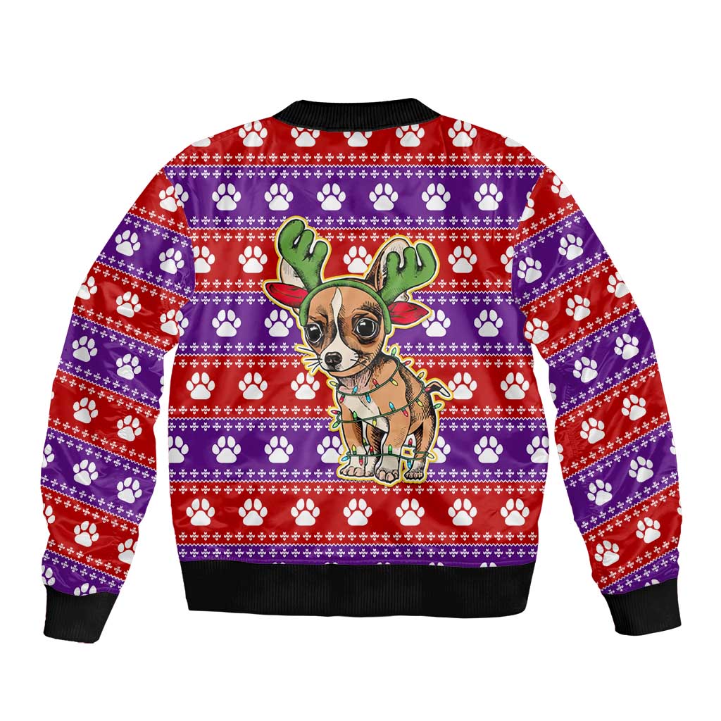 Chihuahua Christmas Sleeve Zip Bomber Jacket with I’m Not a Chihuahua I’m a Baby Quote and Red Purple Christmas Pattern - Wonder Print Shop
