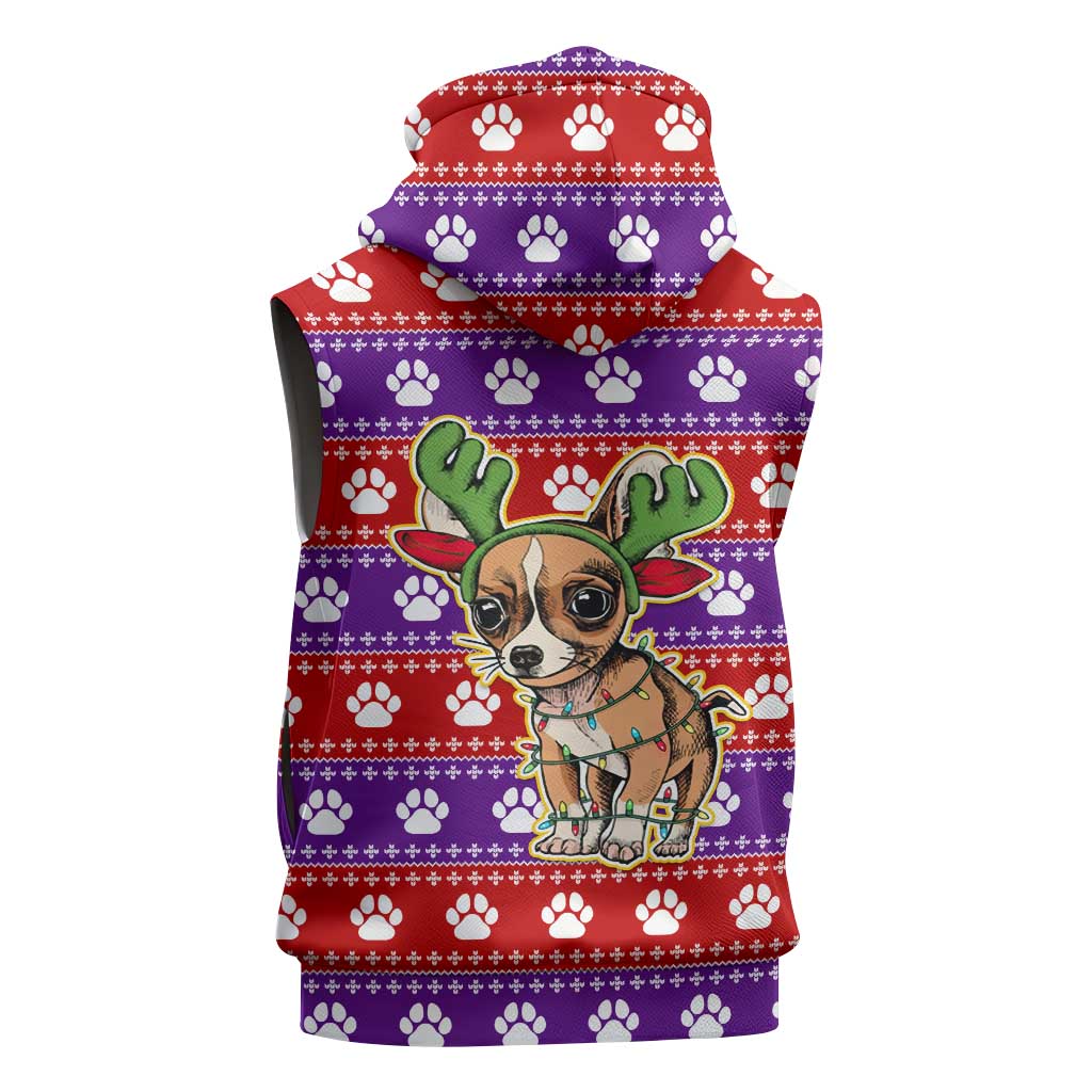 Chihuahua Christmas Sleeveless Zip Hoodie with I’m Not a Chihuahua I’m a Baby Quote and Red Purple Christmas Pattern - Wonder Print Shop