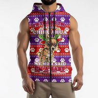 Chihuahua Christmas Sleeveless Zip Hoodie with I’m Not a Chihuahua I’m a Baby Quote and Red Purple Christmas Pattern - Wonder Print Shop
