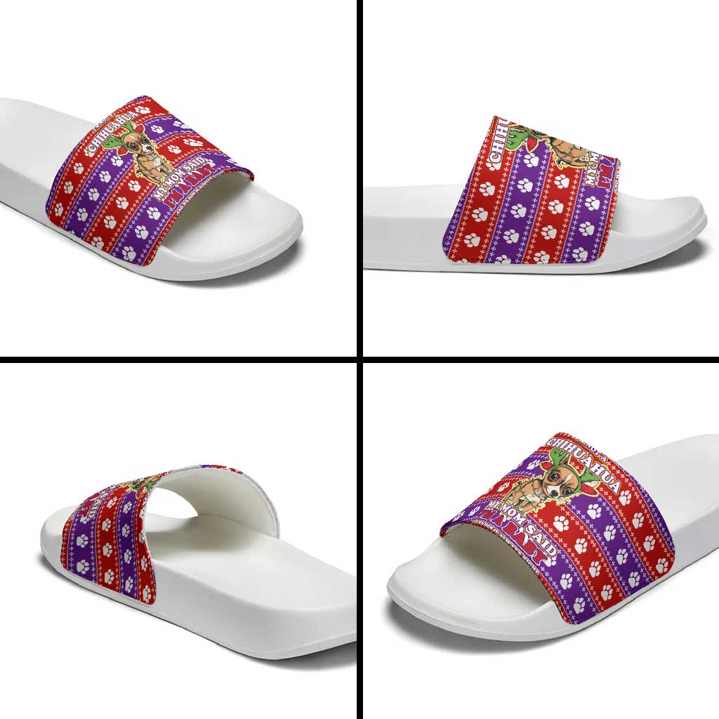Chihuahua Christmas Slide Sandals with I’m Not a Chihuahua I’m a Baby Quote and Red Purple Christmas Pattern - Wonder Print Shop