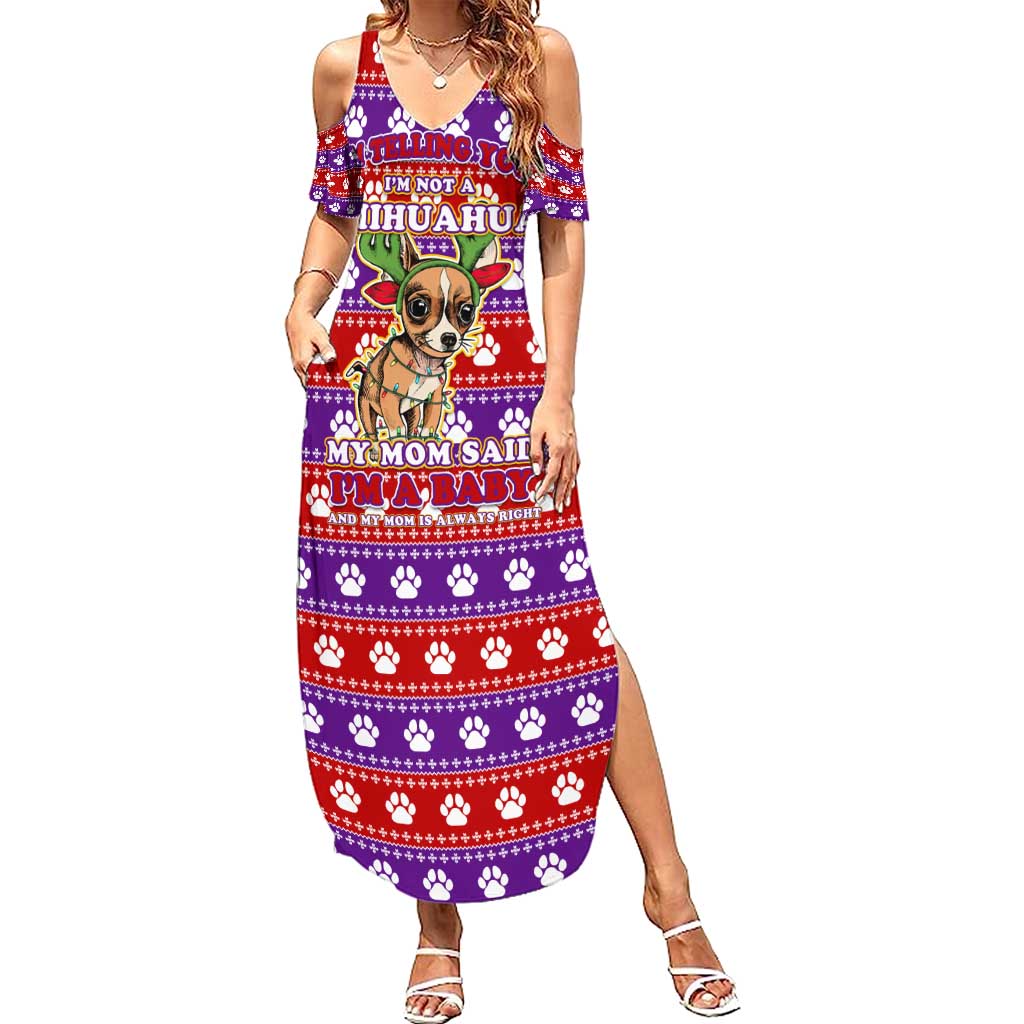 Chihuahua Christmas Summer Maxi Dress with I’m Not a Chihuahua I’m a Baby Quote and Red Purple Christmas Pattern - Wonder Print Shop