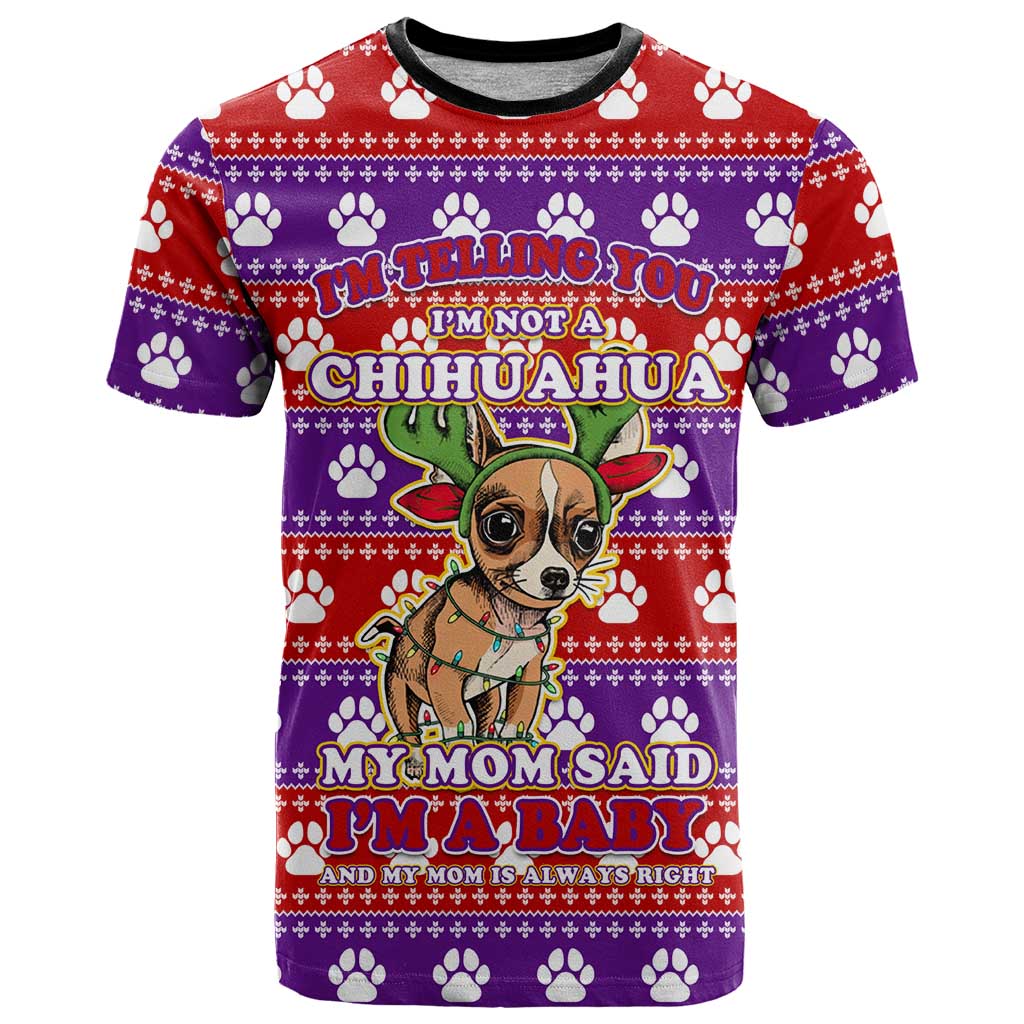 Chihuahua Christmas T Shirt with I’m Not a Chihuahua I’m a Baby Quote and Red Purple Christmas Pattern - Wonder Print Shop