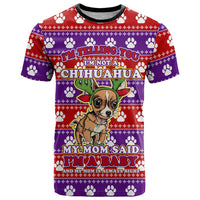 Chihuahua Christmas T Shirt with I’m Not a Chihuahua I’m a Baby Quote and Red Purple Christmas Pattern - Wonder Print Shop