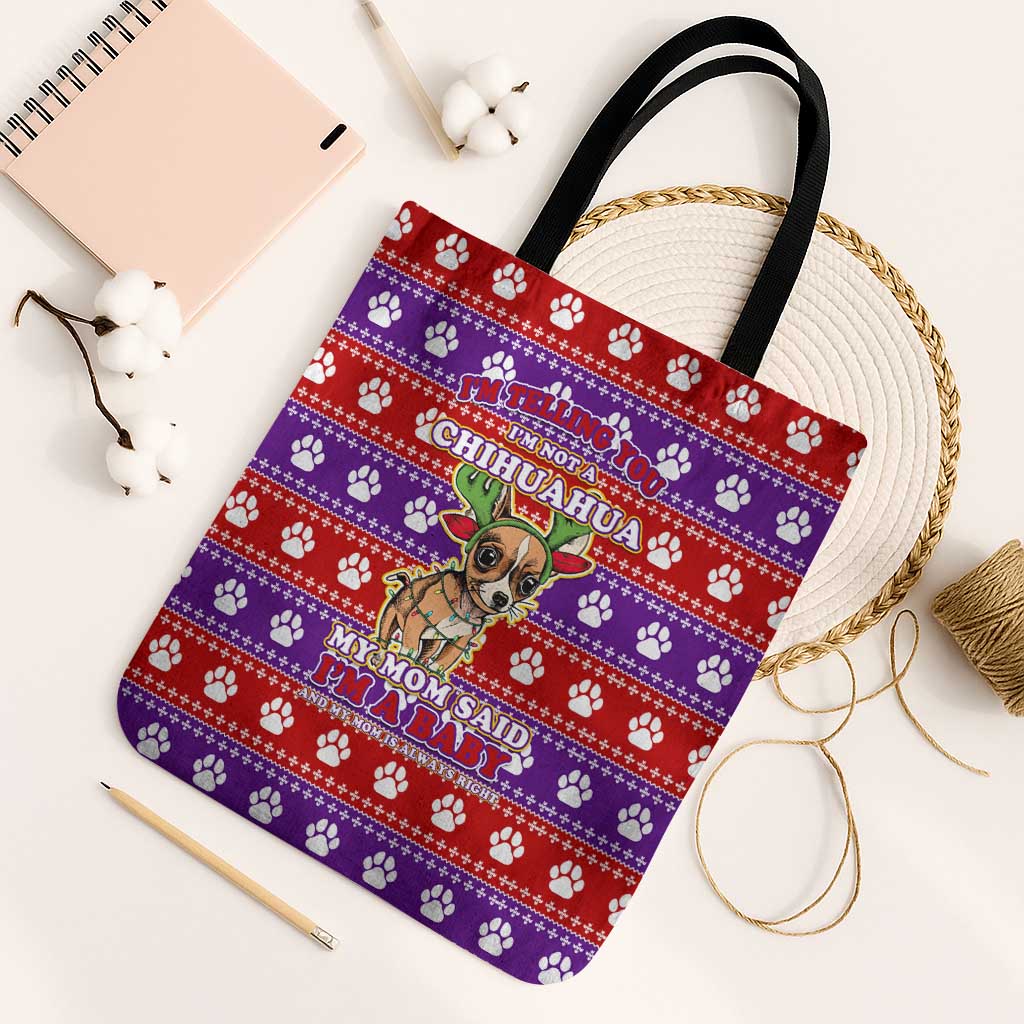 Chihuahua Christmas Tote Bag with I’m Not a Chihuahua I’m a Baby Quote and Red Purple Christmas Pattern - Wonder Print Shop