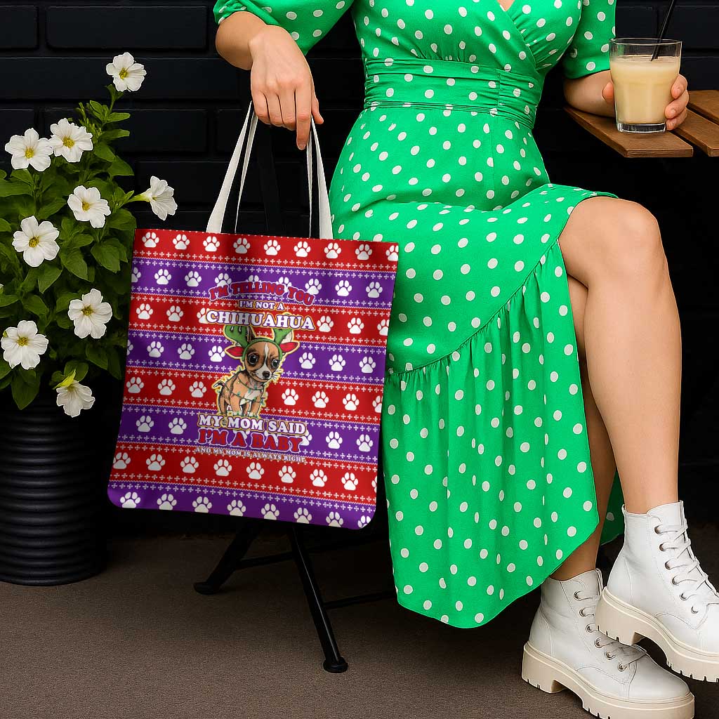 Chihuahua Christmas Tote Bag with I’m Not a Chihuahua I’m a Baby Quote and Red Purple Christmas Pattern - Wonder Print Shop