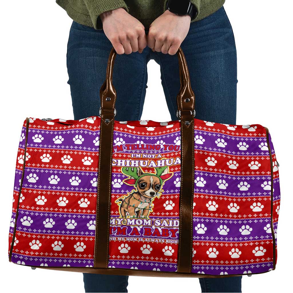Chihuahua Christmas Travel Bag with I’m Not a Chihuahua I’m a Baby Quote and Red Purple Christmas Pattern - Wonder Print Shop