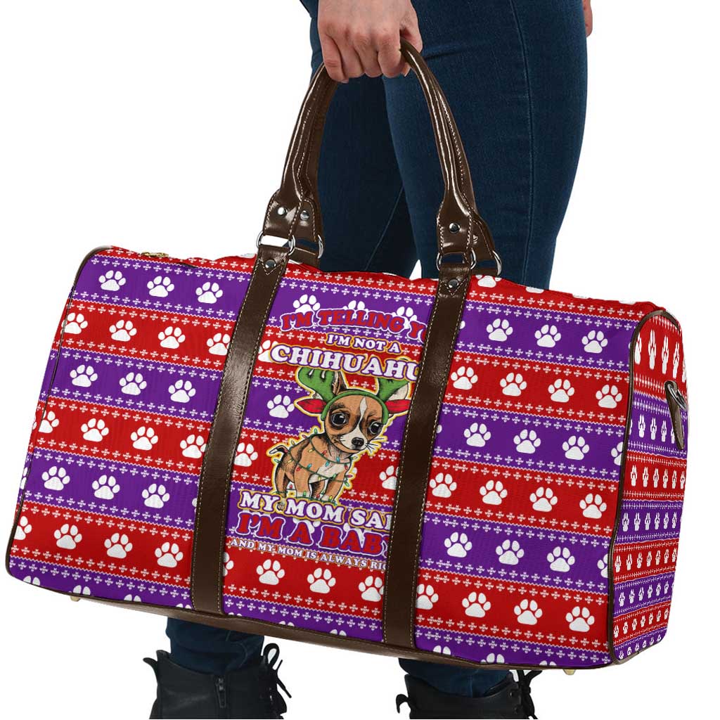 Chihuahua Christmas Travel Bag with I’m Not a Chihuahua I’m a Baby Quote and Red Purple Christmas Pattern - Wonder Print Shop