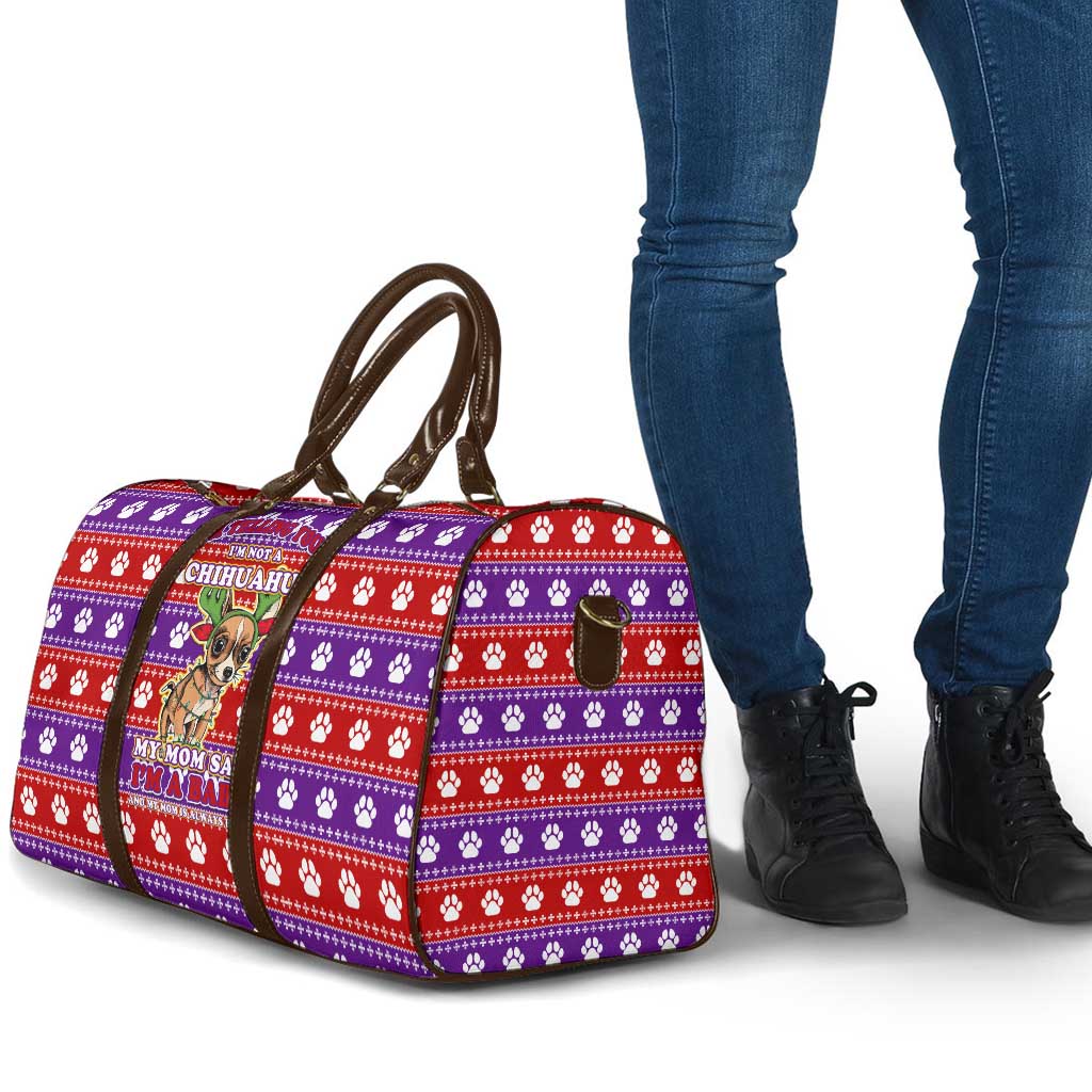 Chihuahua Christmas Travel Bag with I’m Not a Chihuahua I’m a Baby Quote and Red Purple Christmas Pattern - Wonder Print Shop