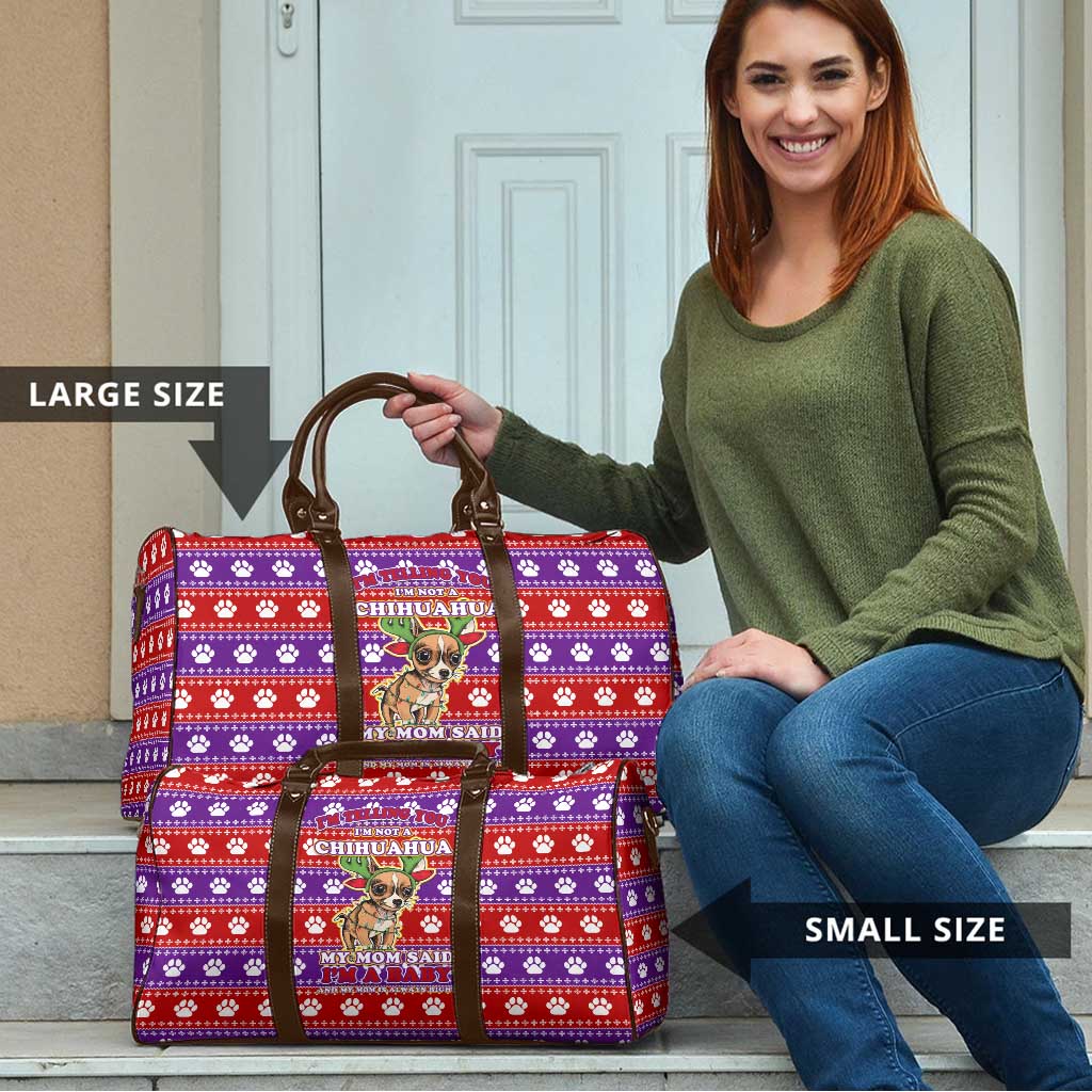 Chihuahua Christmas Travel Bag with I’m Not a Chihuahua I’m a Baby Quote and Red Purple Christmas Pattern - Wonder Print Shop