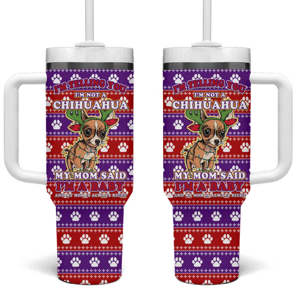 Chihuahua Christmas Tumbler With Handle with I’m Not a Chihuahua I’m a Baby Quote and Red Purple Christmas Pattern - Wonder Print Shop
