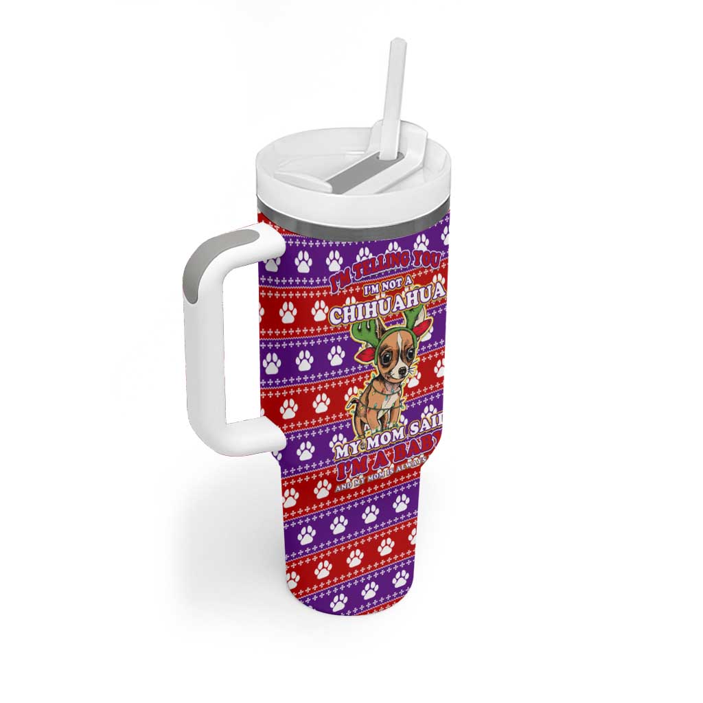 Chihuahua Christmas Tumbler With Handle with I’m Not a Chihuahua I’m a Baby Quote and Red Purple Christmas Pattern - Wonder Print Shop