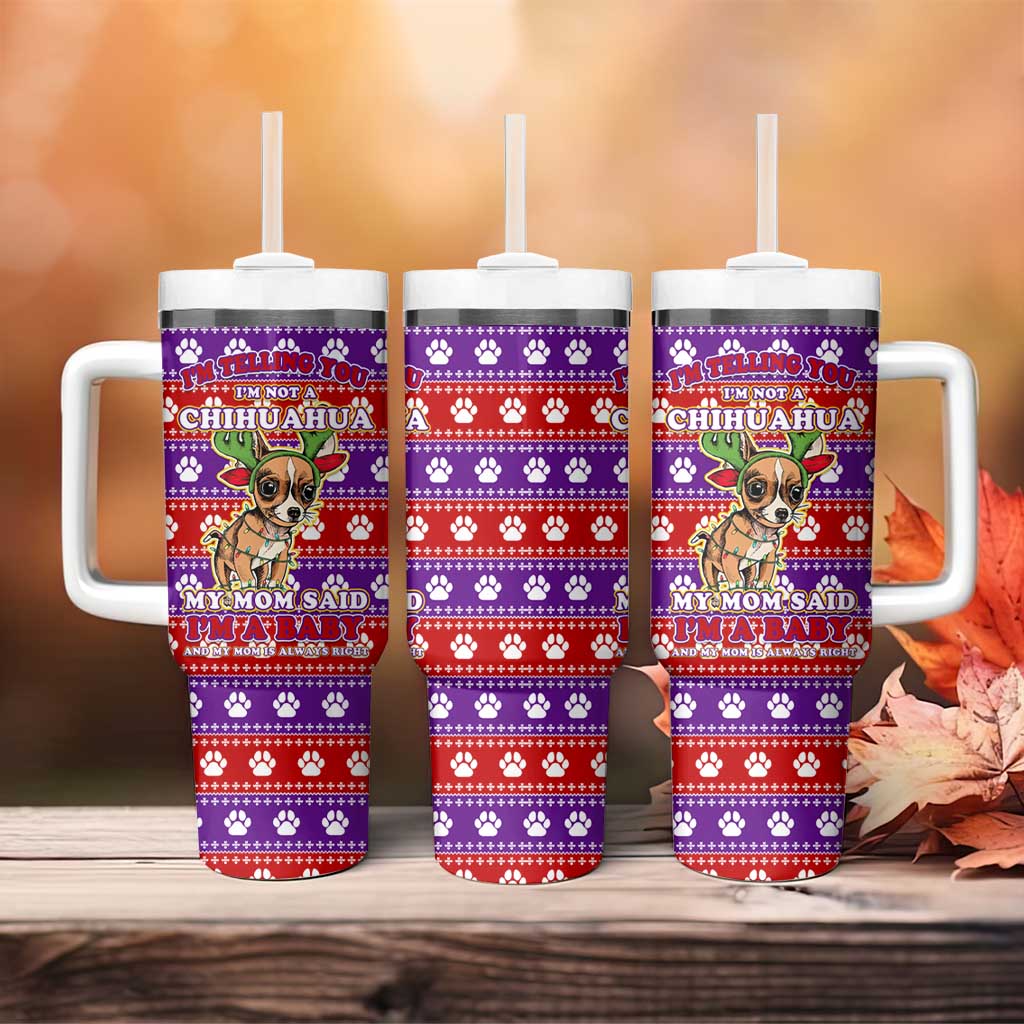Chihuahua Christmas Tumbler With Handle with I’m Not a Chihuahua I’m a Baby Quote and Red Purple Christmas Pattern - Wonder Print Shop