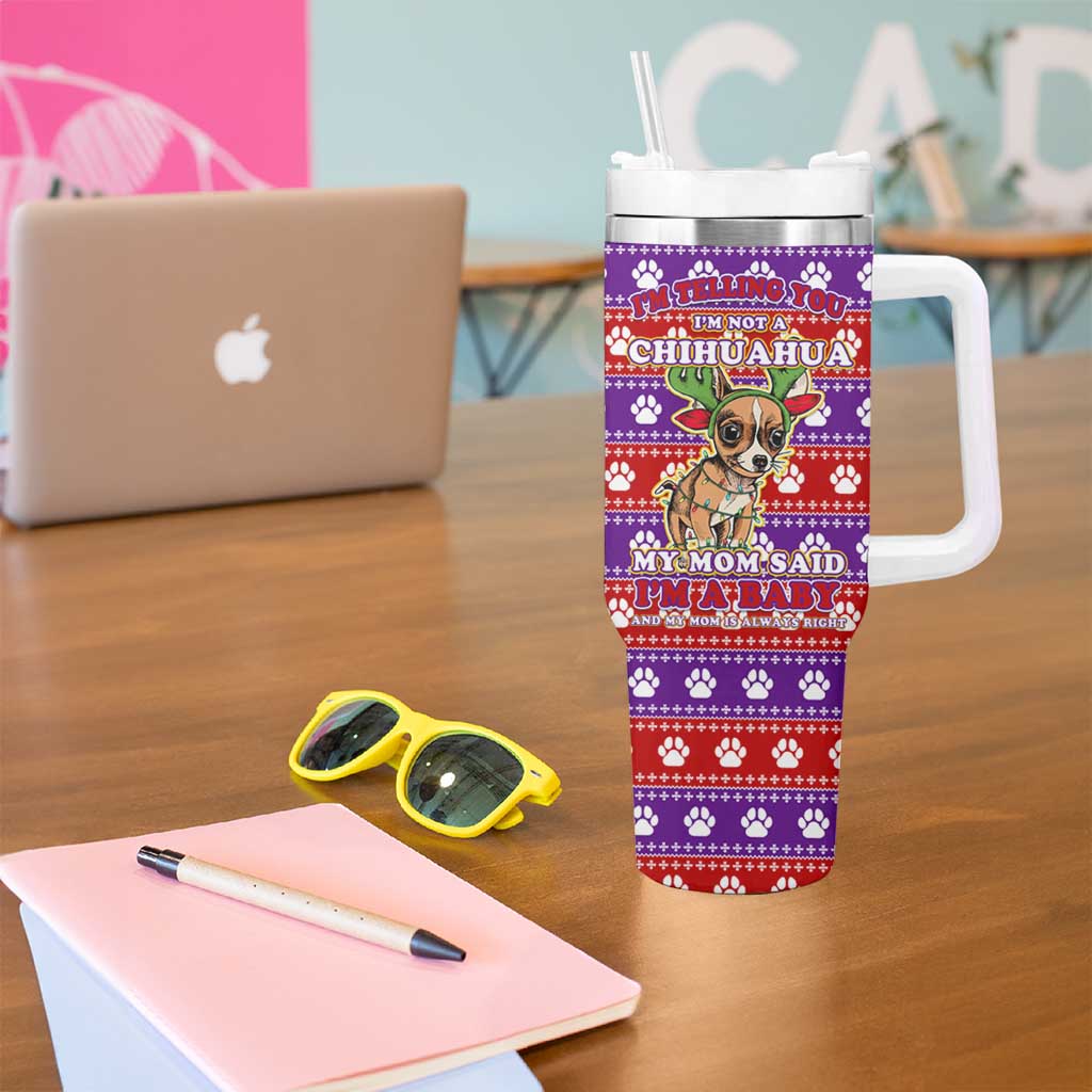 Chihuahua Christmas Tumbler With Handle with I’m Not a Chihuahua I’m a Baby Quote and Red Purple Christmas Pattern - Wonder Print Shop