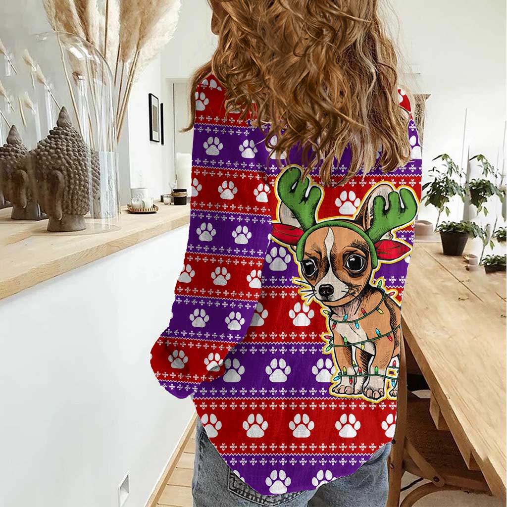 Chihuahua Christmas Women Casual Shirt with I’m Not a Chihuahua I’m a Baby Quote and Red Purple Christmas Pattern - Wonder Print Shop